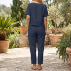 Women 2 piece linen cotton summer set relaxed fit short sleeve top and wide leg pants