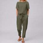 Women 2 piece linen cotton summer set relaxed fit short sleeve top and wide leg pants