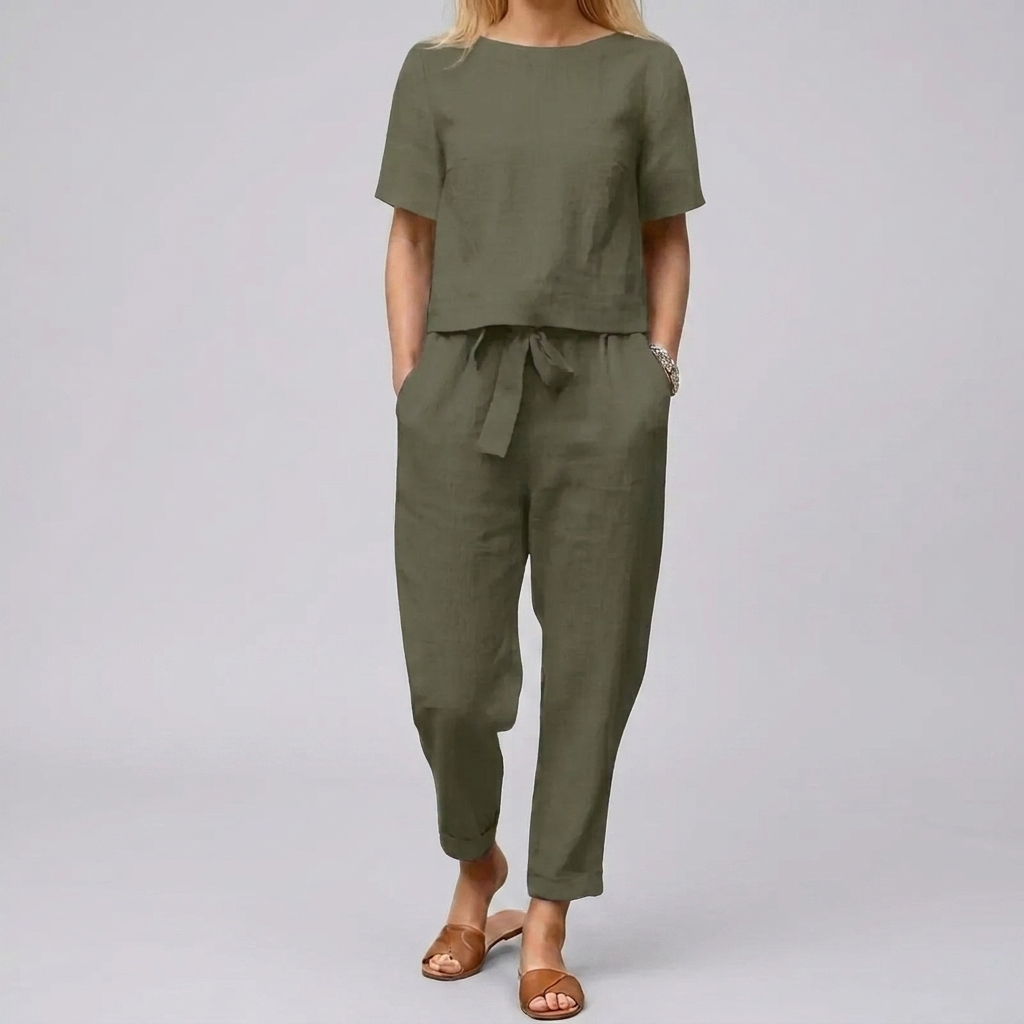 Women 2 piece linen cotton summer set relaxed fit short sleeve top and wide leg pants