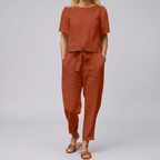 Women 2 piece linen cotton summer set relaxed fit short sleeve top and wide leg pants