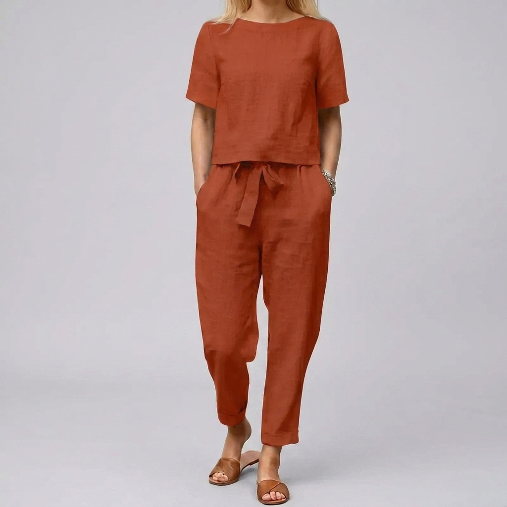 Women 2 piece linen cotton summer set relaxed fit short sleeve top and wide leg pants