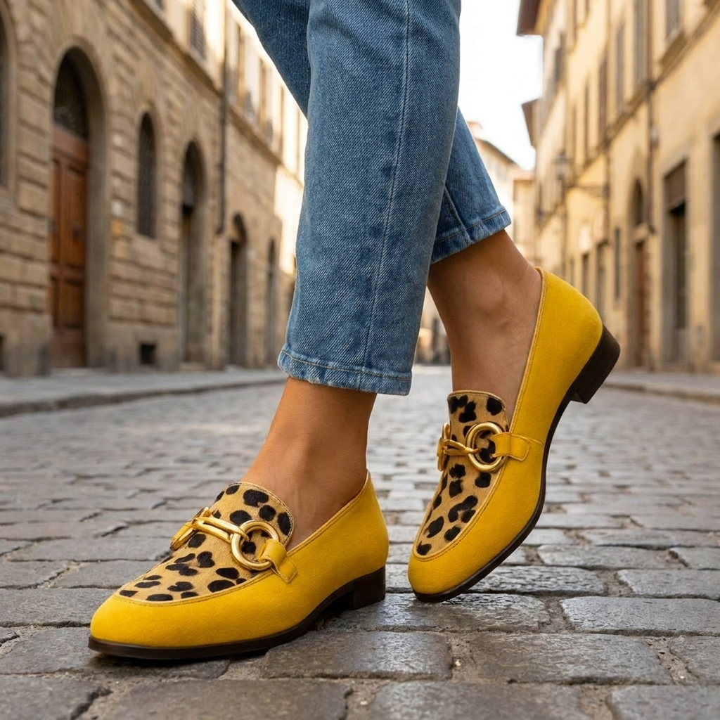 Animal print slip-on slippers women's flat with buckle accent detail in yellow