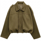 Women cropped zip-up bomber jacket relaxed fit front zipper