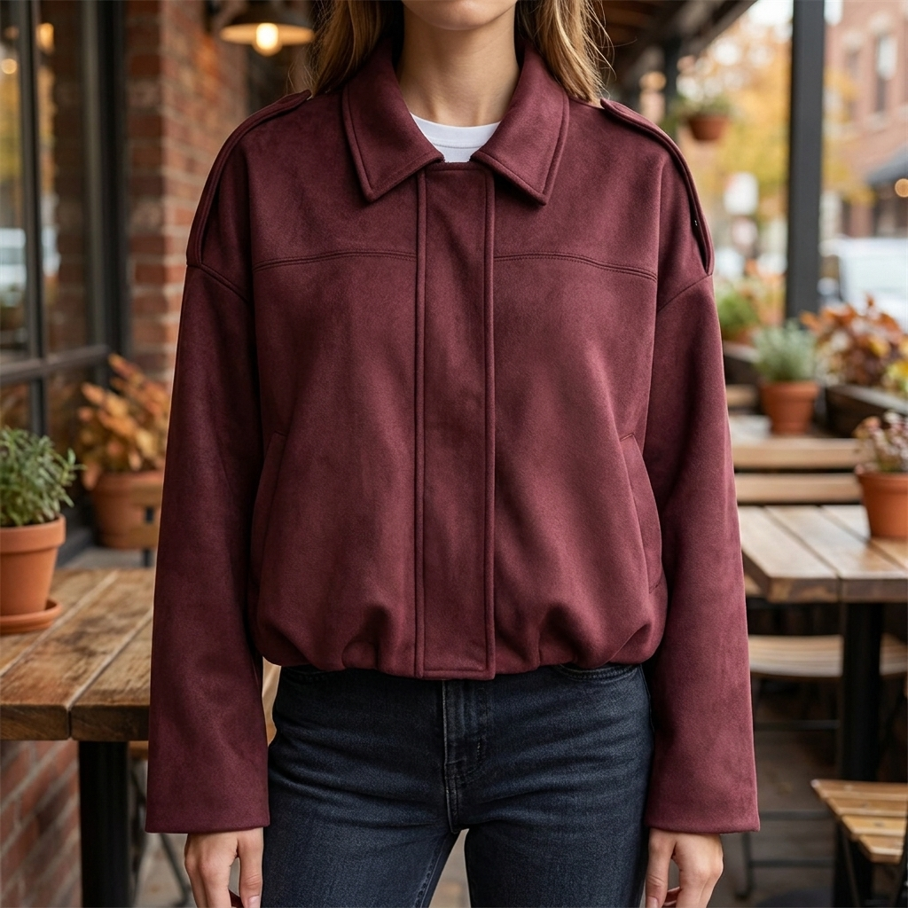 Women cropped zip-up bomber jacket relaxed fit front zipper