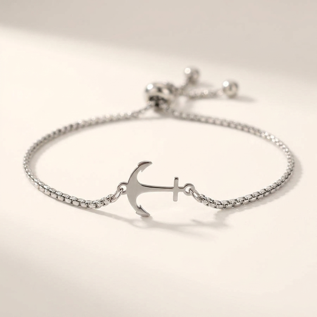 Stainless steel anchor chain link bracelet with sliding adjustable closure in gold and silver