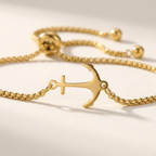 Stainless steel anchor chain link bracelet with sliding adjustable closure in gold and silver