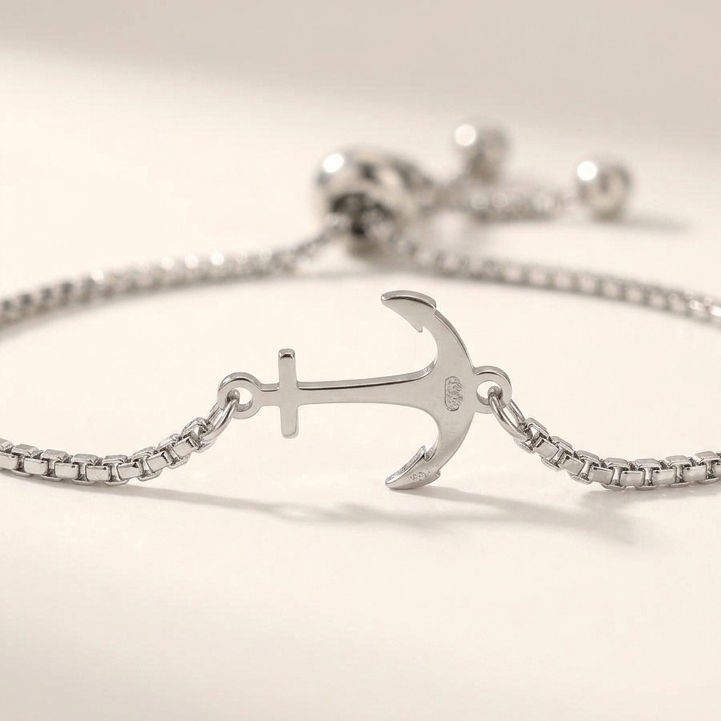 Stainless steel anchor chain link bracelet with sliding adjustable closure in gold and silver