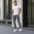 Men's slim fit cargo jeans in grey, light blue and black, street style denim