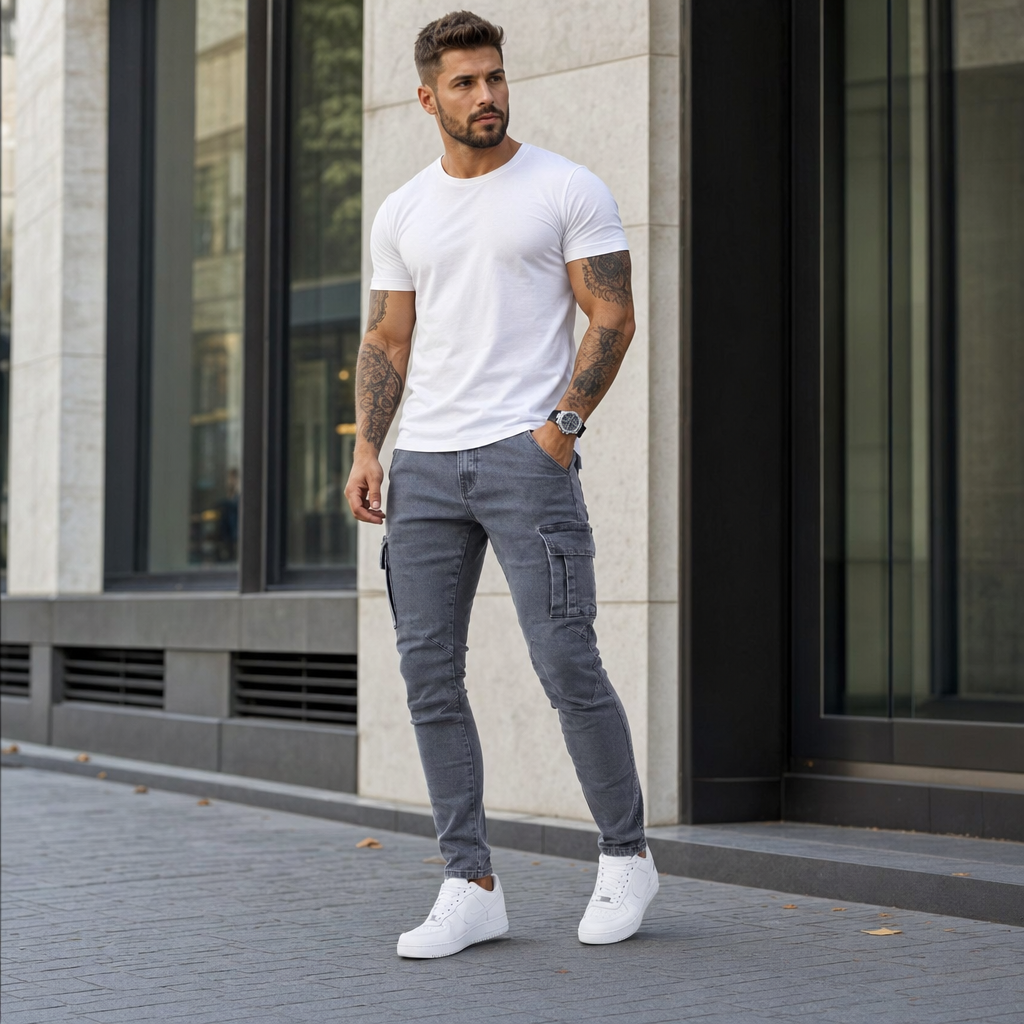 Men's slim fit cargo jeans in grey, light blue and black, street style denim