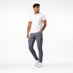 Men's slim fit cargo jeans in grey, light blue and black, street style denim