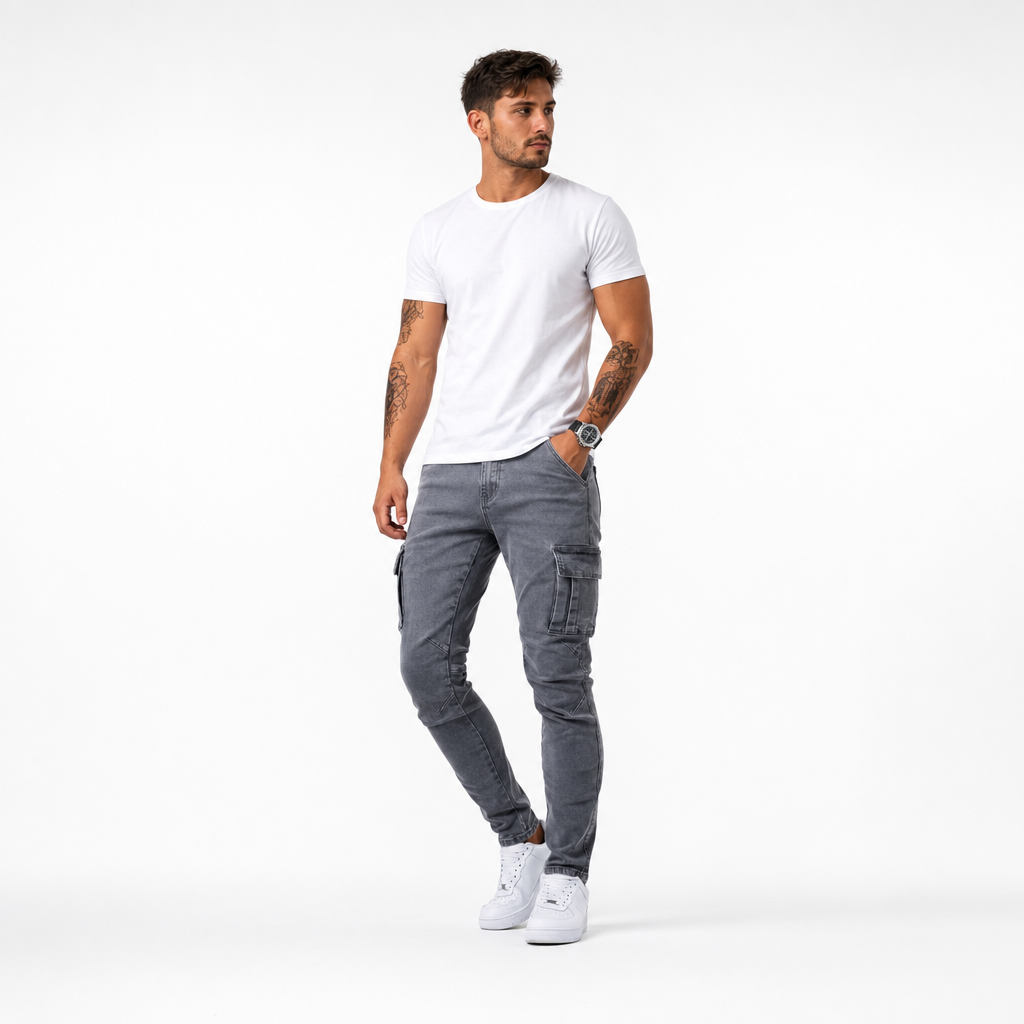 Men's slim fit cargo jeans in grey, light blue and black, street style denim