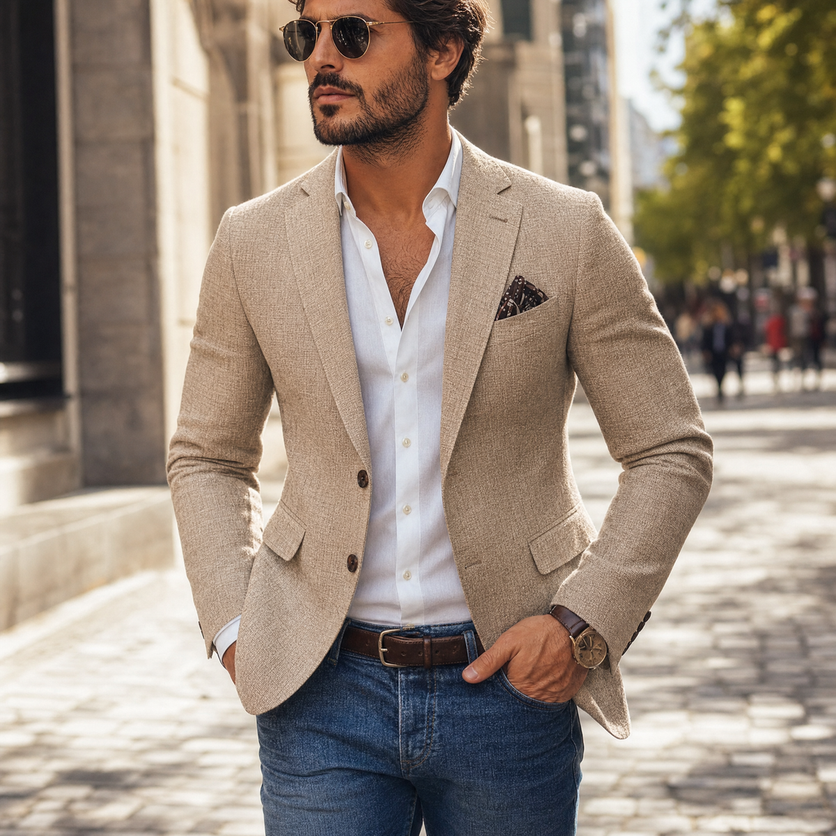 Men's slim fit two button blazer with notch lapel in Brown, Grey and Dark Blue