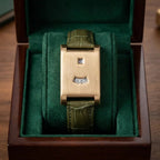 Leather strap square case minimal quartz watch with split hour and minute display