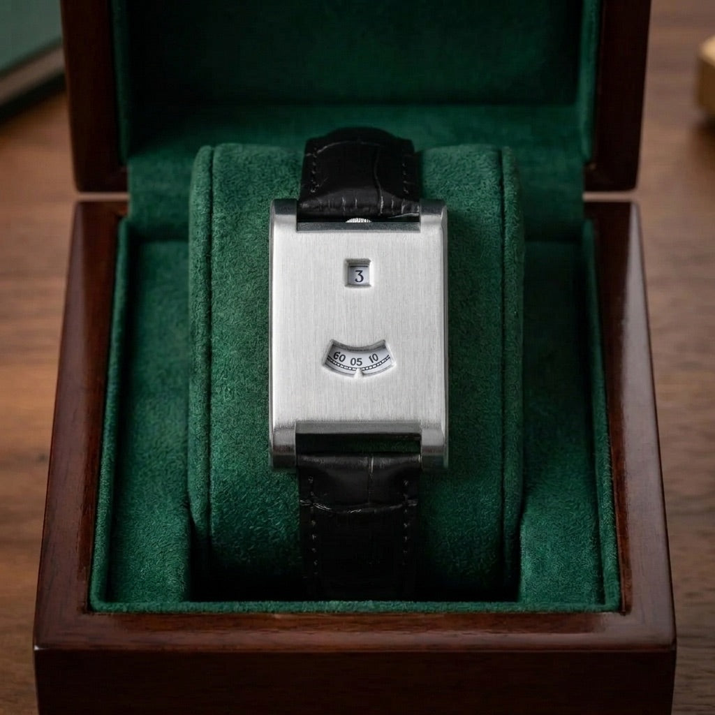 Leather strap square case minimal quartz watch with split hour and minute display