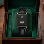 Leather strap square case minimal quartz watch with split hour and minute display