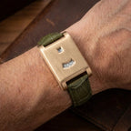 Leather strap square case minimal quartz watch with split hour and minute display