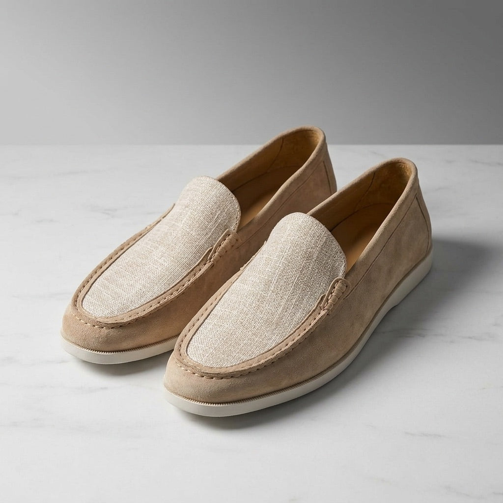 Suede loafers hand stitched with leather lining and cushioned footbed