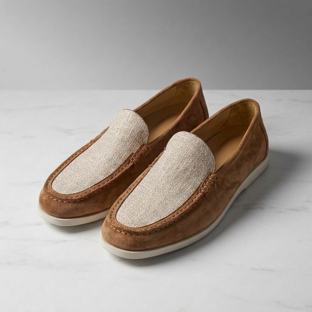 Suede loafers hand stitched with leather lining and cushioned footbed