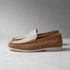 Suede loafers hand stitched with leather lining and cushioned footbed