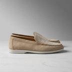 Suede loafers hand stitched with leather lining and cushioned footbed