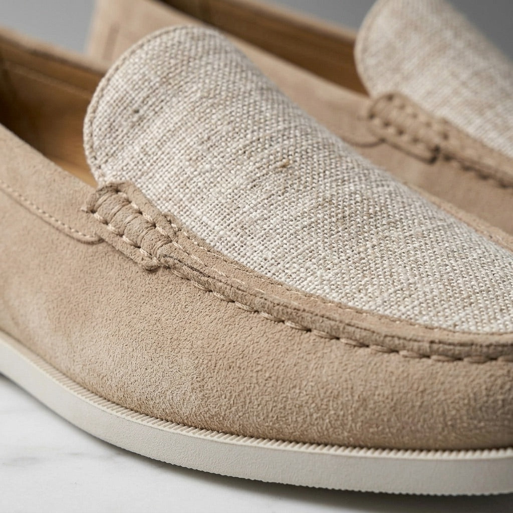 Suede loafers hand stitched with leather lining and cushioned footbed