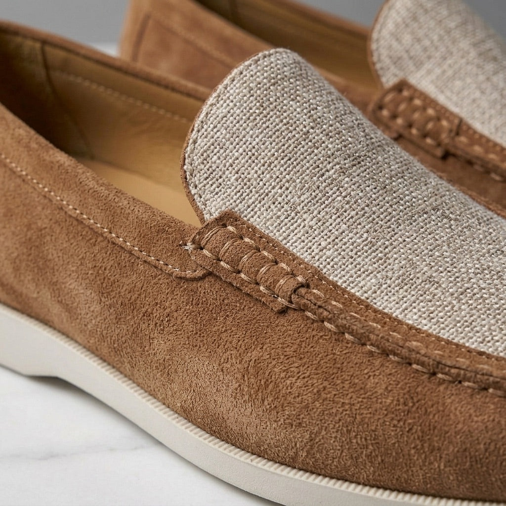 Suede loafers hand stitched with leather lining and cushioned footbed