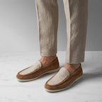 Suede loafers hand stitched with leather lining and cushioned footbed