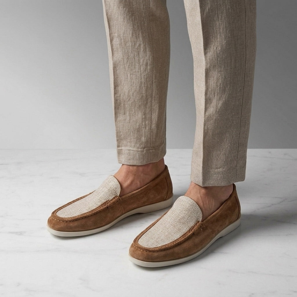 Suede loafers hand stitched with leather lining and cushioned footbed