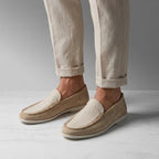 Suede loafers hand stitched with leather lining and cushioned footbed