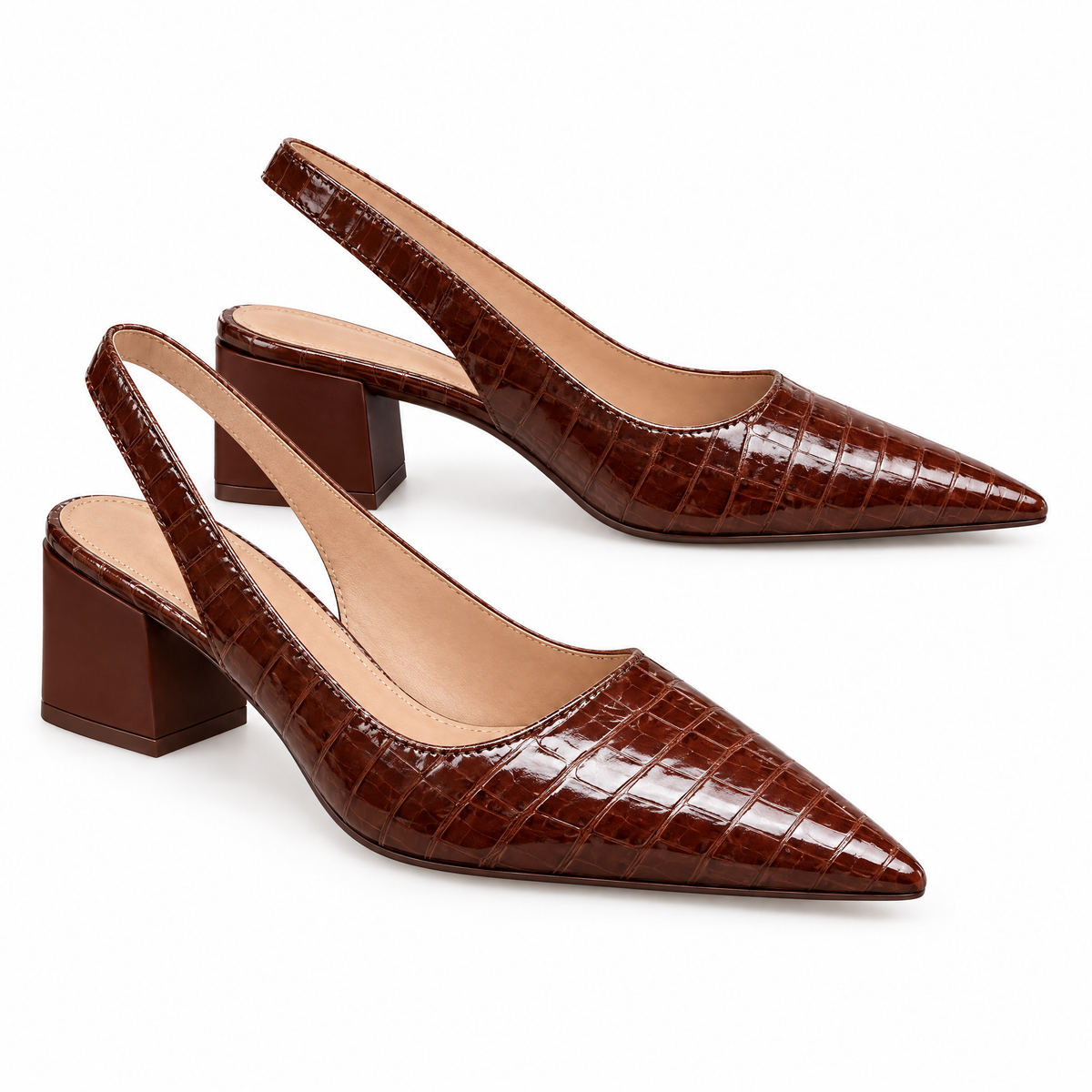 Heeled Pumps Women | Cushioned Pointed Toe Chunky Heel Croco Effect