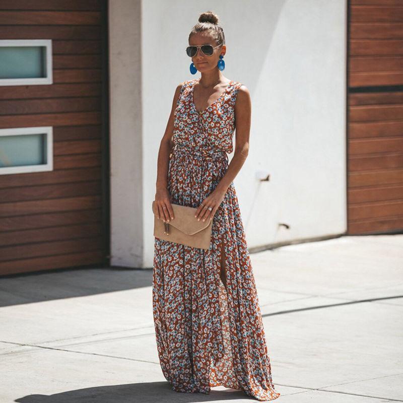 Floral maxi dress sleeveless with high slit and tie waist, summer holiday dress