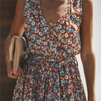 Floral maxi dress sleeveless with high slit and tie waist, summer holiday dress