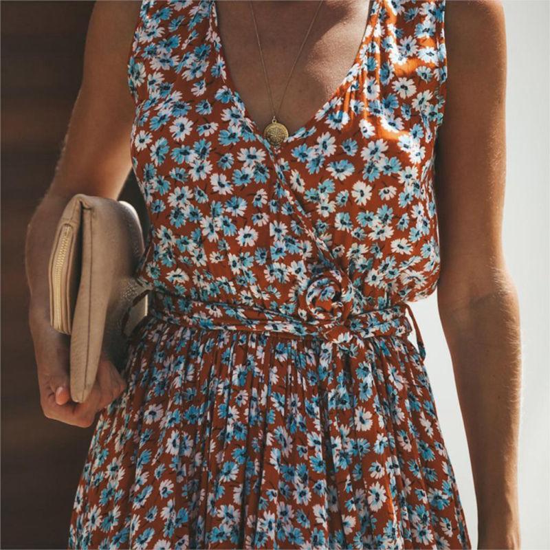 Floral maxi dress sleeveless with high slit and tie waist, summer holiday dress