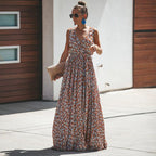 Floral maxi dress sleeveless with high slit and tie waist, summer holiday dress