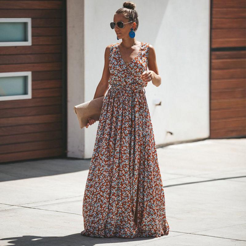 Floral maxi dress sleeveless with high slit and tie waist, summer holiday dress