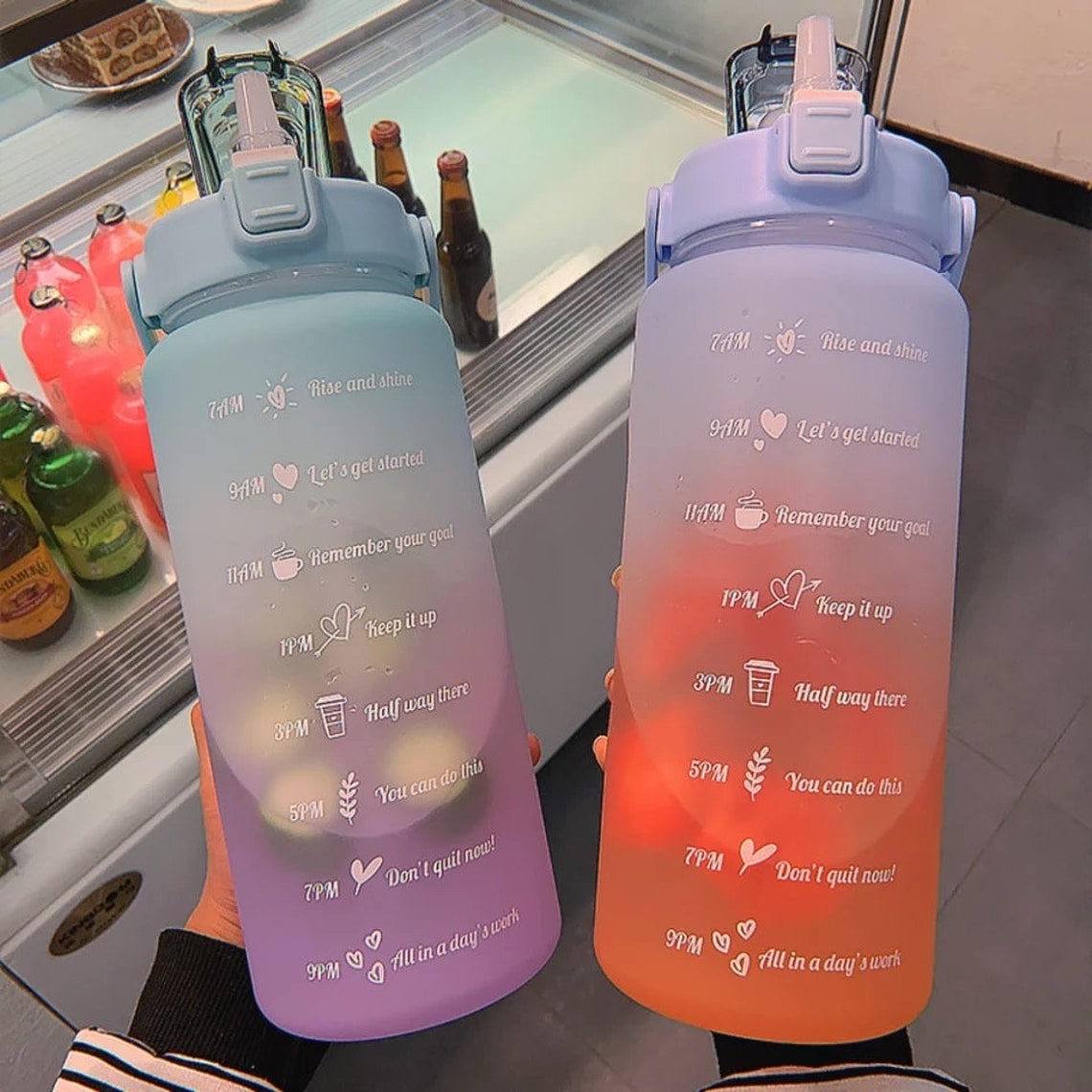 2L motivational water bottle with time markings and removable straw, BPA-free