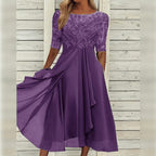 Midi dress with lace bodice and three-quarter sleeves, flowing chiffon skirt for festive occasions