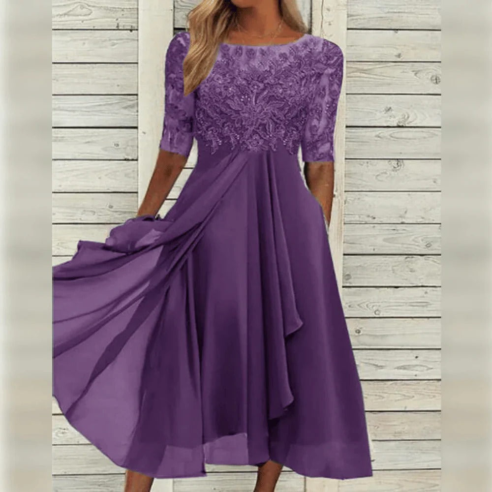 Midi dress with lace bodice and three-quarter sleeves, flowing chiffon skirt for festive occasions