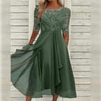 Midi dress with lace bodice and three-quarter sleeves, flowing chiffon skirt for festive occasions
