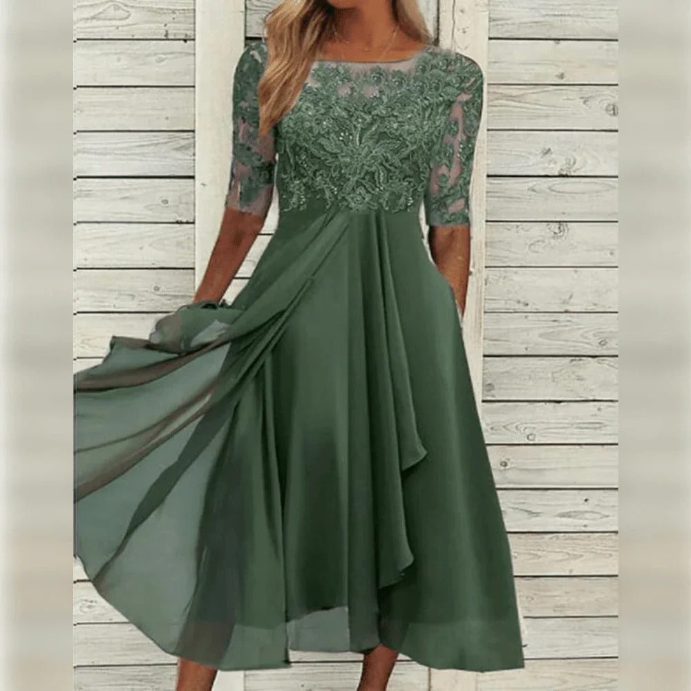 Midi dress with lace bodice and three-quarter sleeves, flowing chiffon skirt for festive occasions