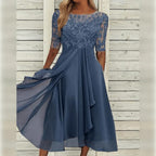Midi dress with lace bodice and three-quarter sleeves, flowing chiffon skirt for festive occasions