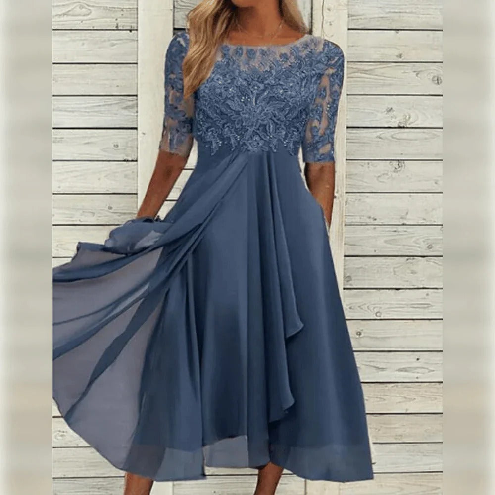 Midi dress with lace bodice and three-quarter sleeves, flowing chiffon skirt for festive occasions