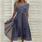 Midi dress with lace bodice and three-quarter sleeves, flowing chiffon skirt for festive occasions