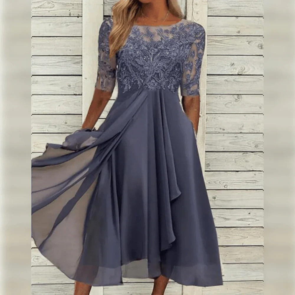 Midi dress with lace bodice and three-quarter sleeves, flowing chiffon skirt for festive occasions
