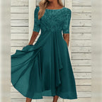 Midi dress with lace bodice and three-quarter sleeves, flowing chiffon skirt for festive occasions
