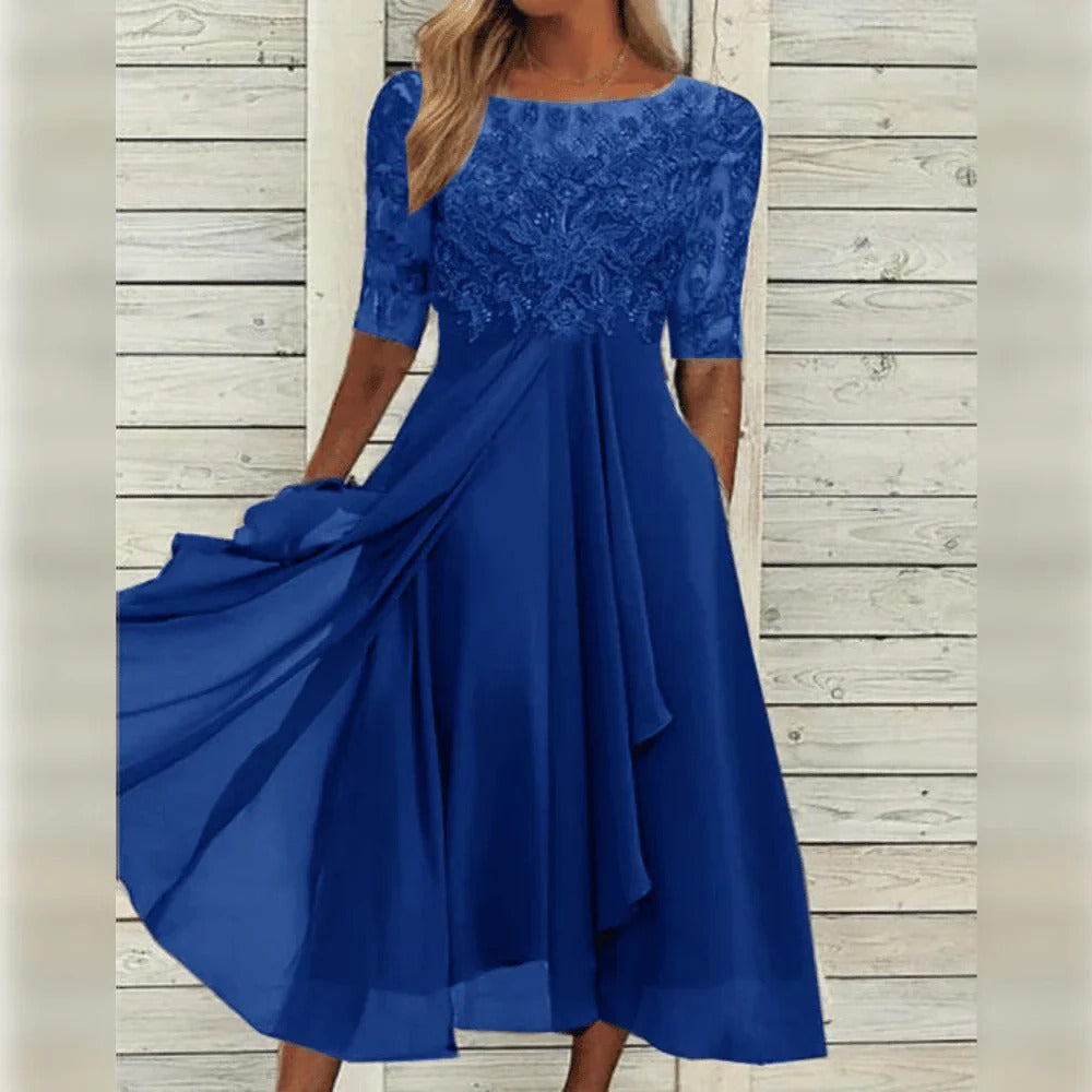 Midi dress with lace bodice and three-quarter sleeves, flowing chiffon skirt for festive occasions