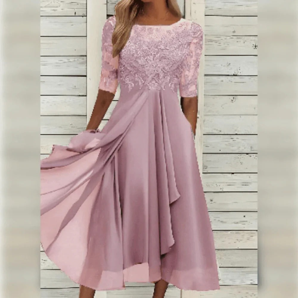 Midi dress with lace bodice and three-quarter sleeves, flowing chiffon skirt for festive occasions
