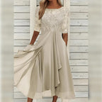 Midi dress with lace bodice and three-quarter sleeves, flowing chiffon skirt for festive occasions