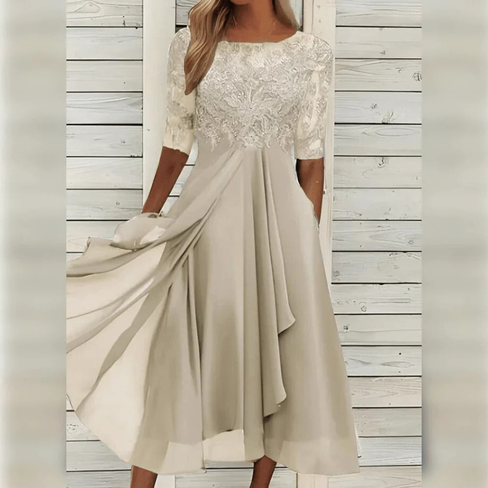 Midi dress with lace bodice and three-quarter sleeves, flowing chiffon skirt for festive occasions