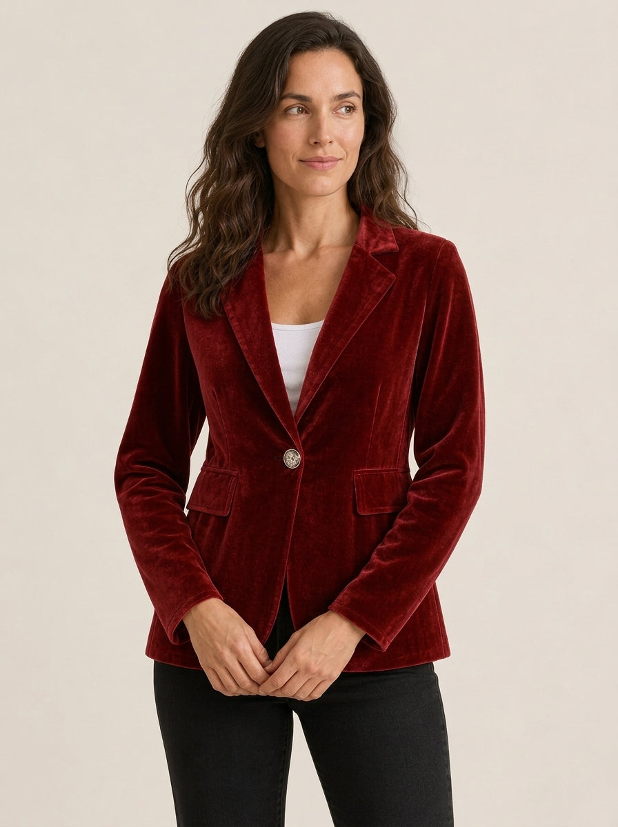 Velvet Blazer Women Fitted Lapel Collar Single Button Tailored Cut